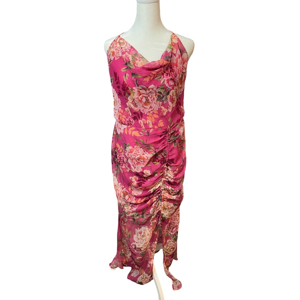 SAUL Pink Floral Cowl Neck Ruched Backless Midi Dress Size 10 Wedding Guest